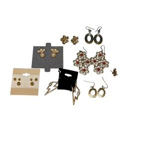 Gold Tone Fashion Earring Lot 8 Pairs Lightning‎ Bolt Angel Floral Studs Dangles